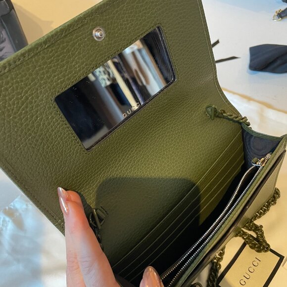 GUCCI Calfskin Enamel Monochrome Mini GG Marmont Chain Wallet Military Wood - Picture 7 of 7